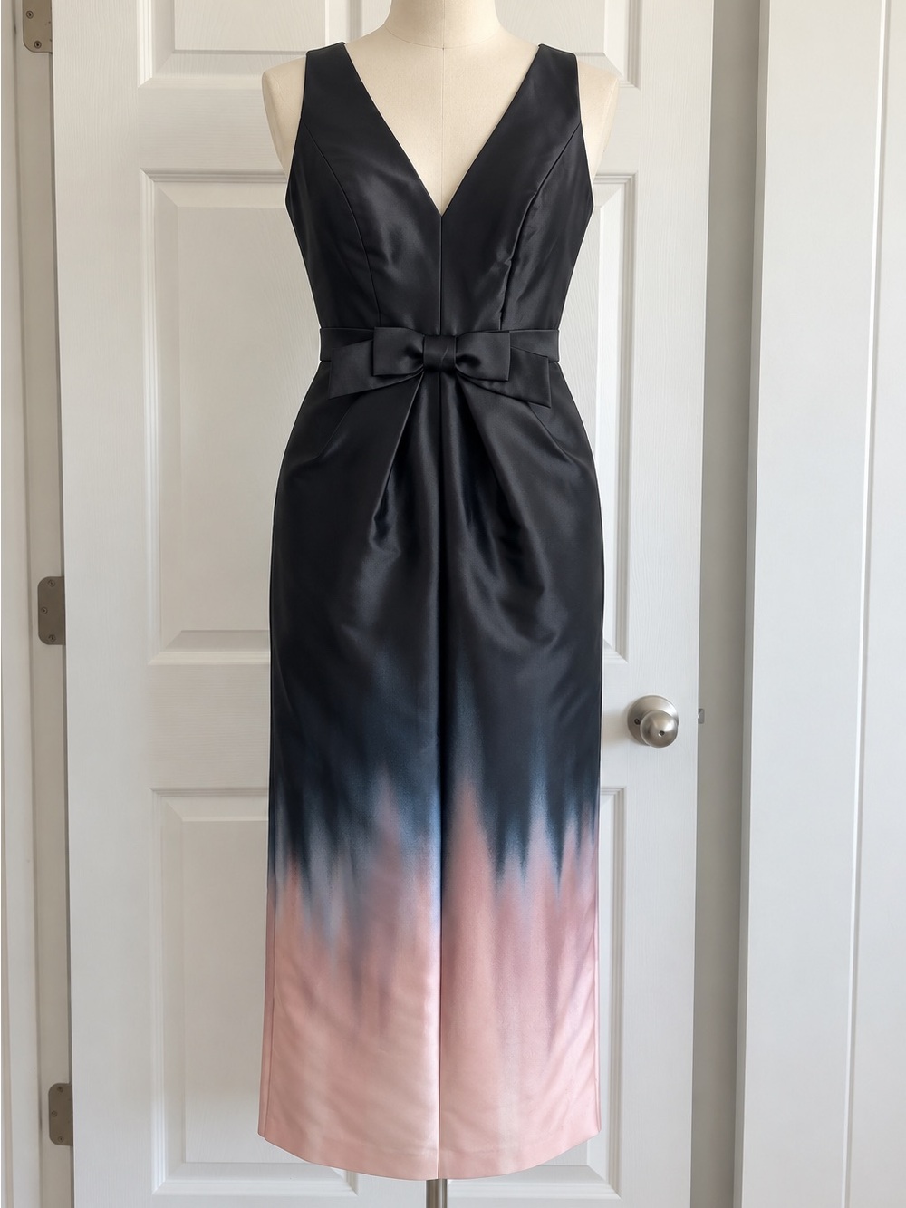 Kay Unger Ombre Satin Midi Dress Black Blush Bow Waist Size 6 NWT
